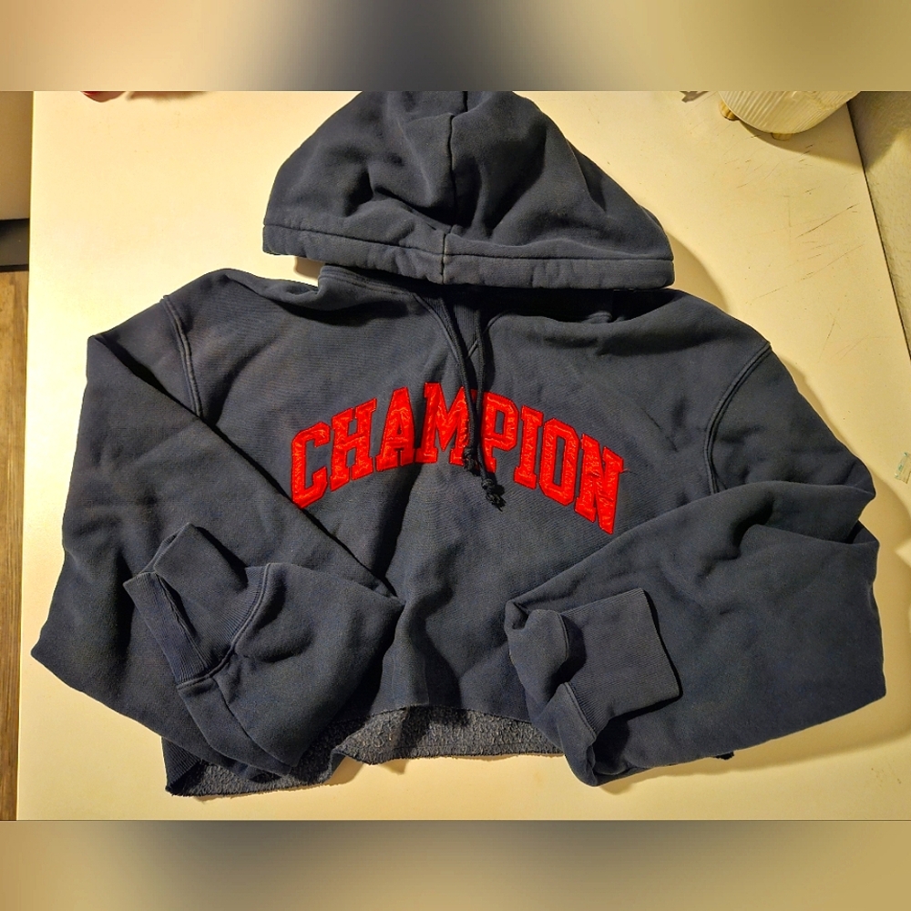 Champion Blue Hoodie with Red Logo